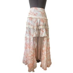 Boho High-Low Tiered Maxi Skirt in Peach Floral
